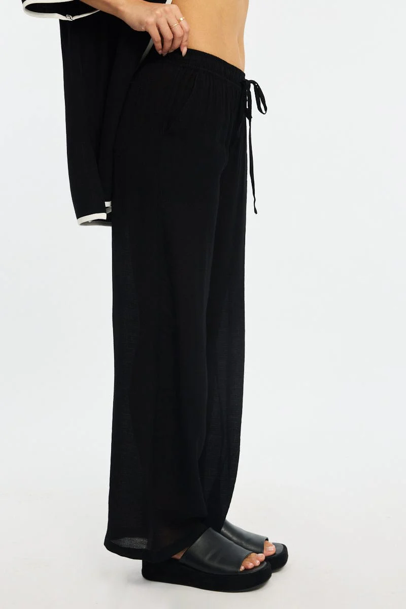 Black Stripe Wide Leg Pants Elasticated Waist - Image 3