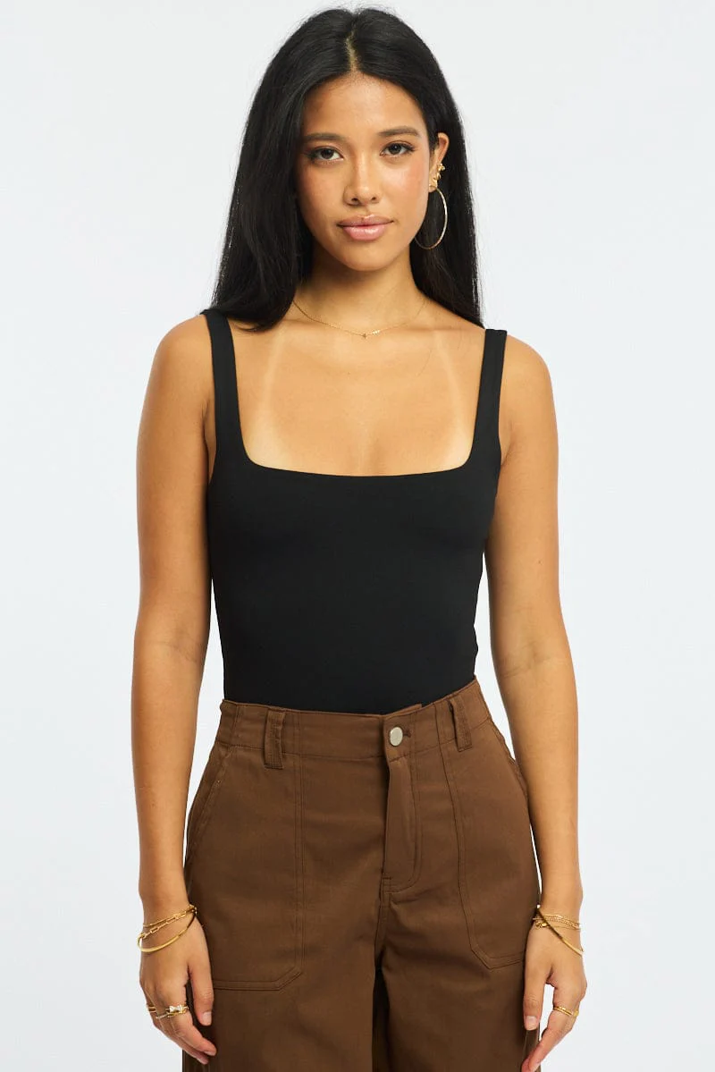 Black Supersoft Bodysuit Square Neck Sleeveless