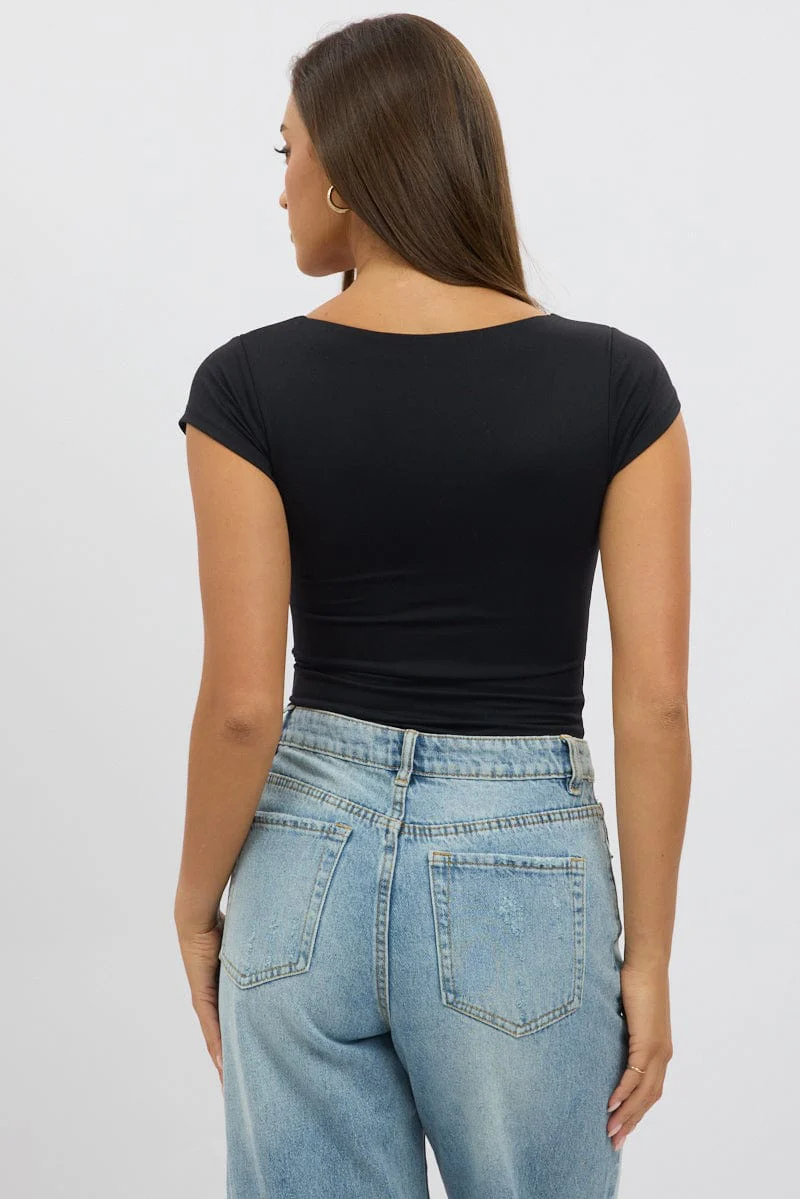 Black Supersoft Square Neck Cap Sleeve Top Double Layer - Image 5