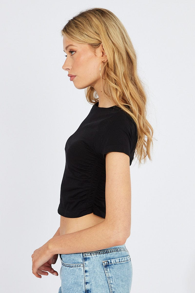 Black T-Shirt Short Sleeve Crew Neck Ruched Seamless - Image 4