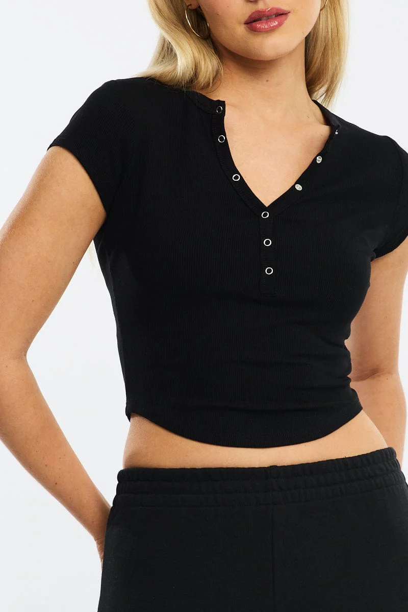 Black T-shirt Short Sleeve Henley Neck Rib - Image 5
