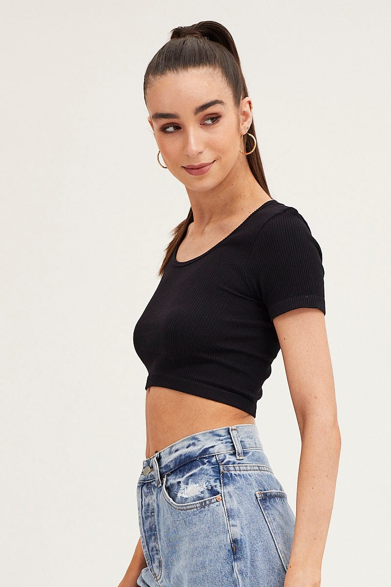 Black T-Shirt Short Sleeve Round Neck Seamless - Image 4