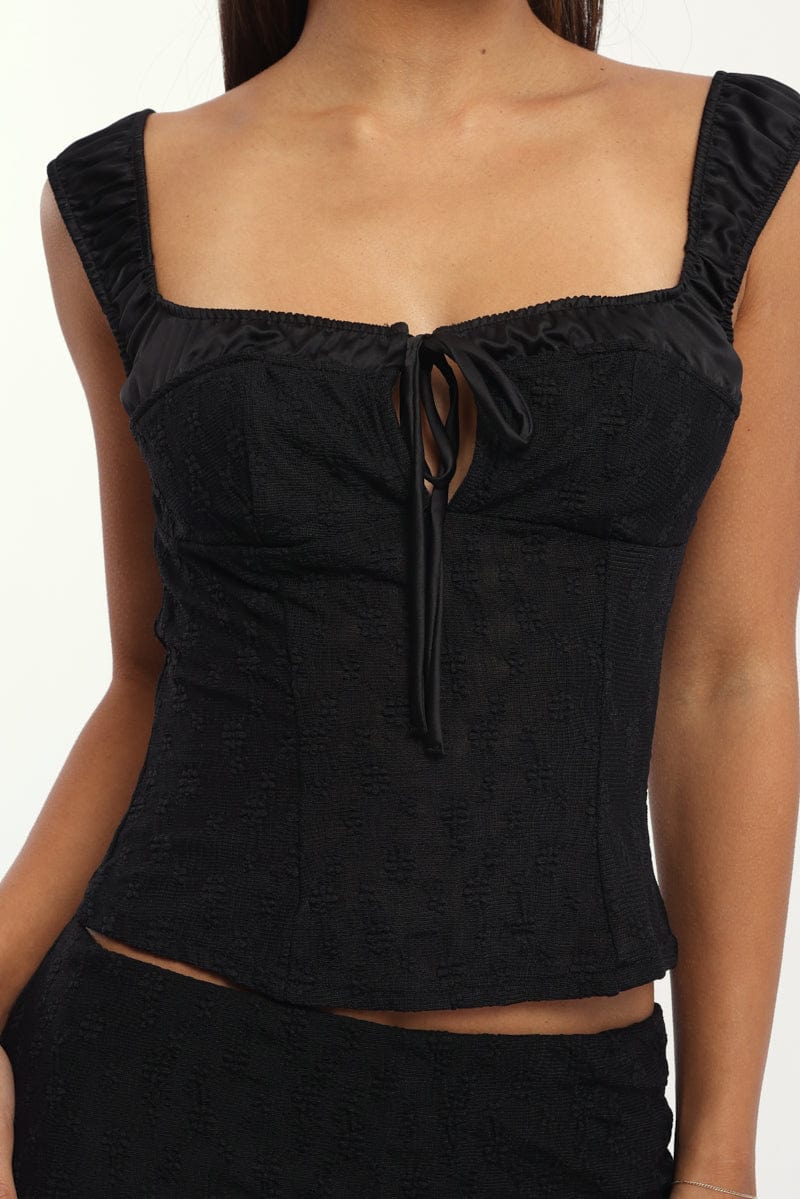 Black Textured Top Sweetheart Neckline Satin Contrast - Image 5