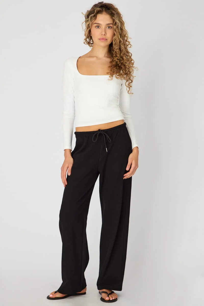 Black Tie Waist Wide Leg Sweat Pants - Image 2