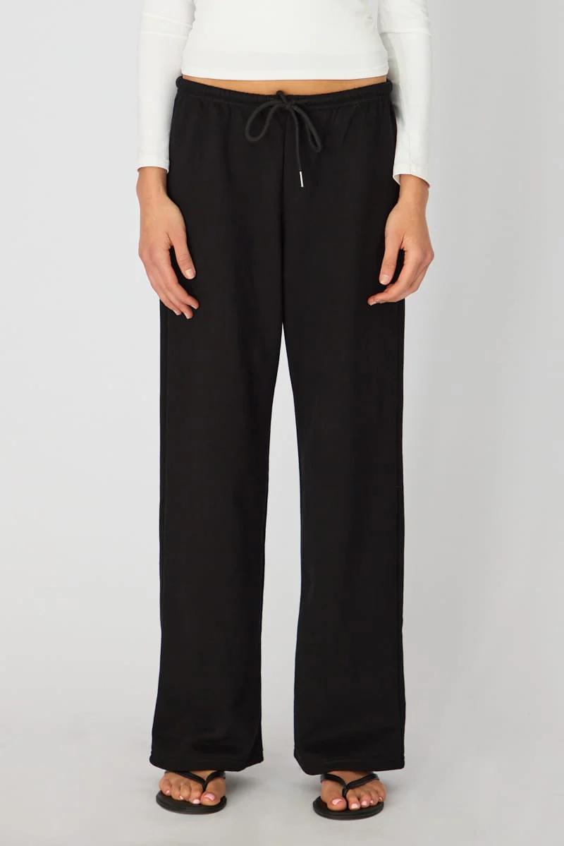 Black Tie Waist Wide Leg Sweat Pants - Image 3