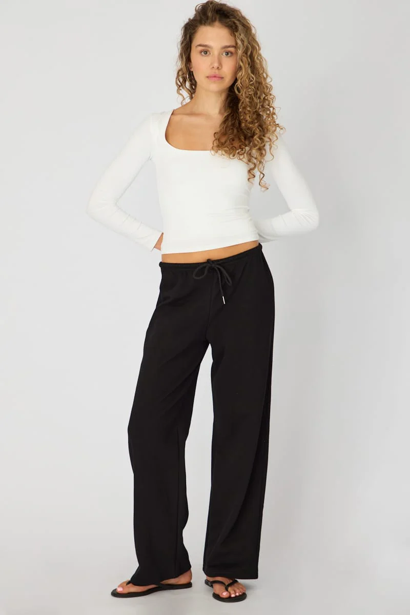 Black Tie Waist Wide Leg Sweat Pants - Image 4