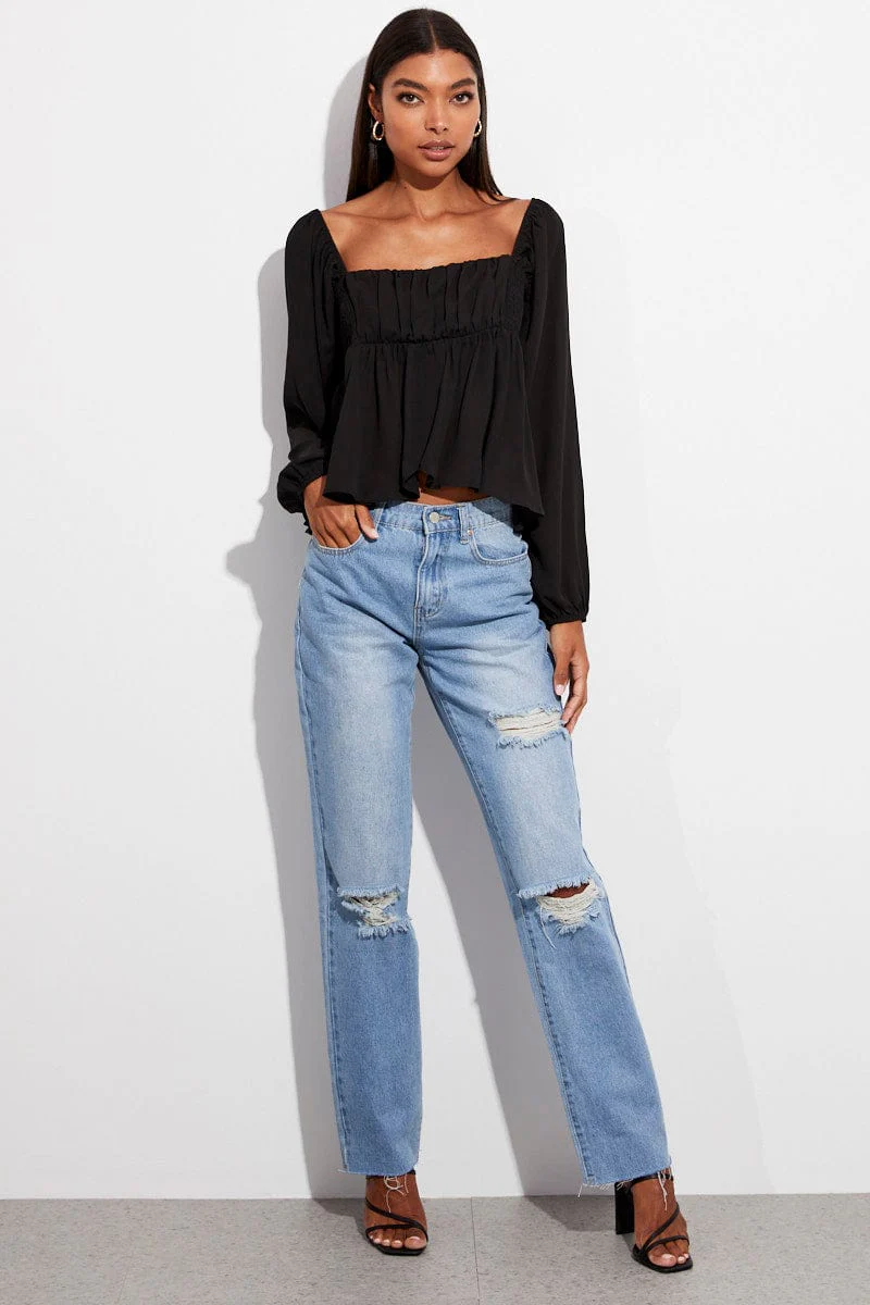 Black Top Long Sleeve Square Neck Shirred Ruched - Image 2
