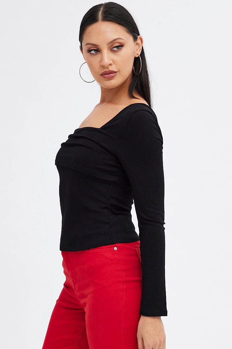 Black Top One Shoulder Long Sleeve Rib - Image 4