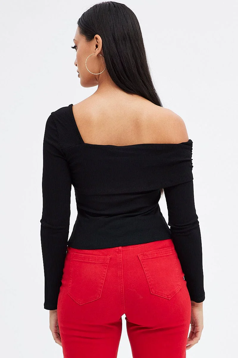 Black Top One Shoulder Long Sleeve Rib - Image 5