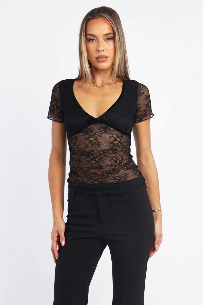 Black V-neck Top Short Sleeve Lace - Image 2