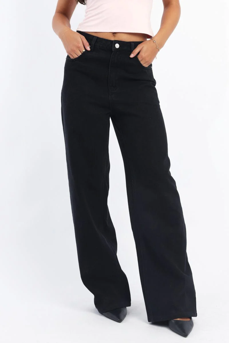 Black Wide Leg Jeans Mid Rise - Image 3
