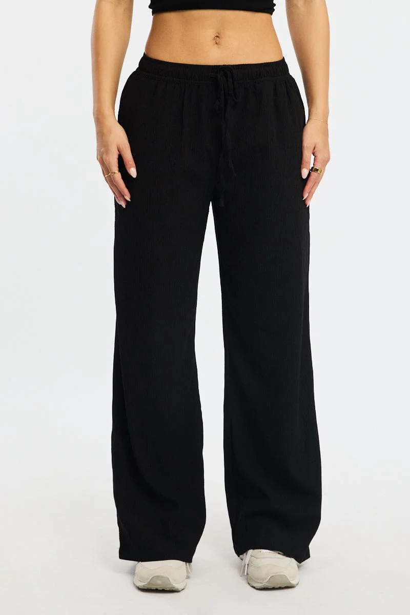 Black Wide Leg Pants Elasticated Waist - Image 2