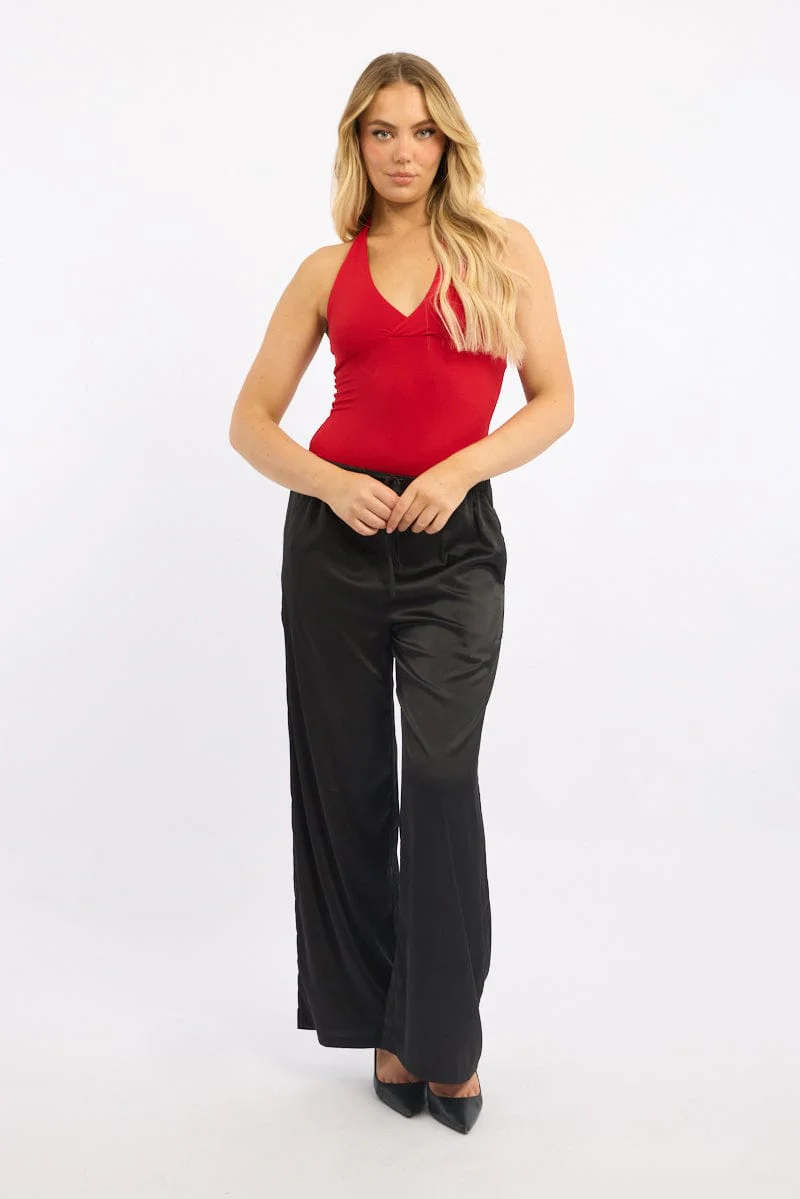 Black Wide Leg Pants High Rise Satin - Image 3