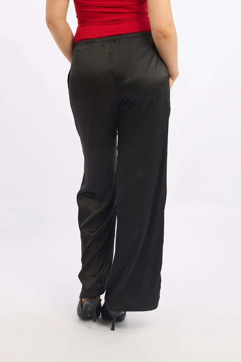 Black Wide Leg Pants High Rise Satin - Image 5