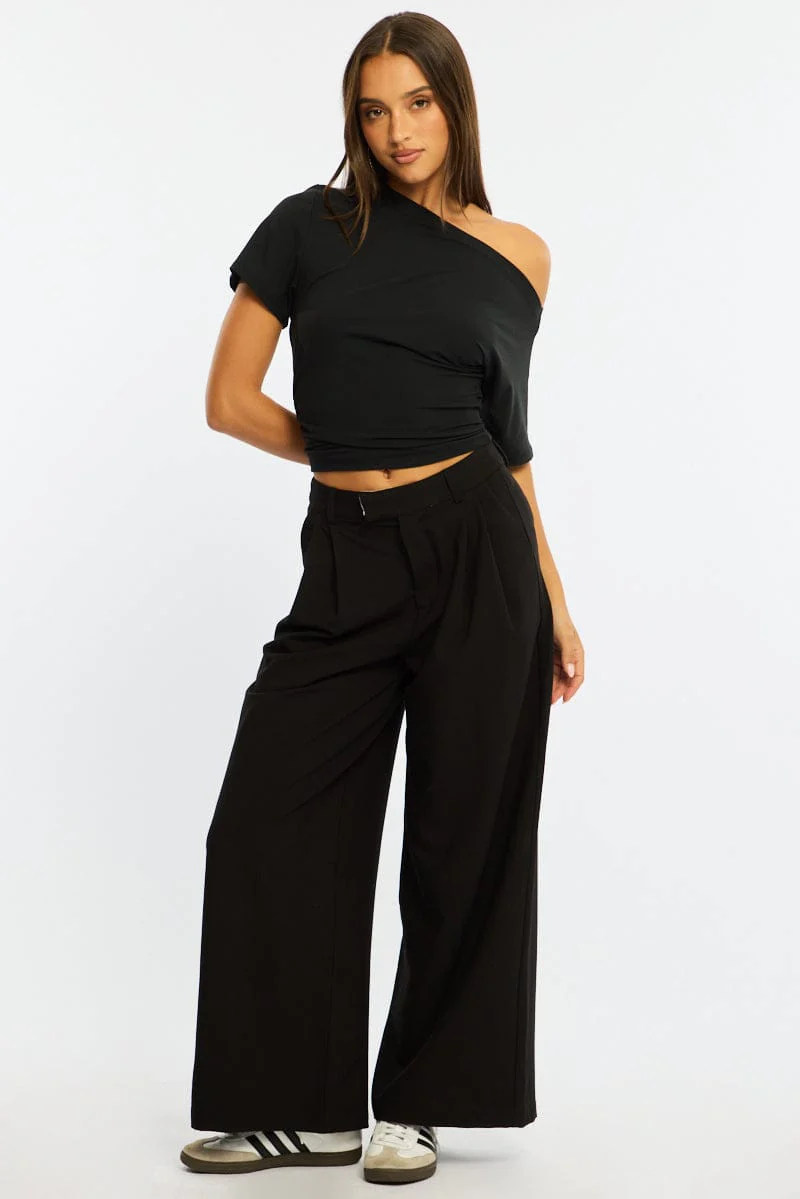 Black Wide Leg Pants Mid Rise Tailoring