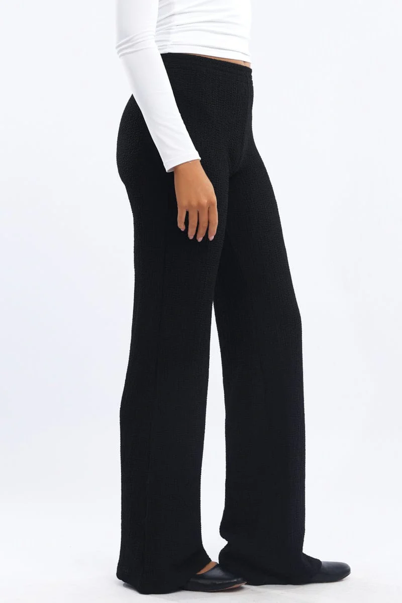 Black Wide Leg Pants Textured Fabric - Image 3