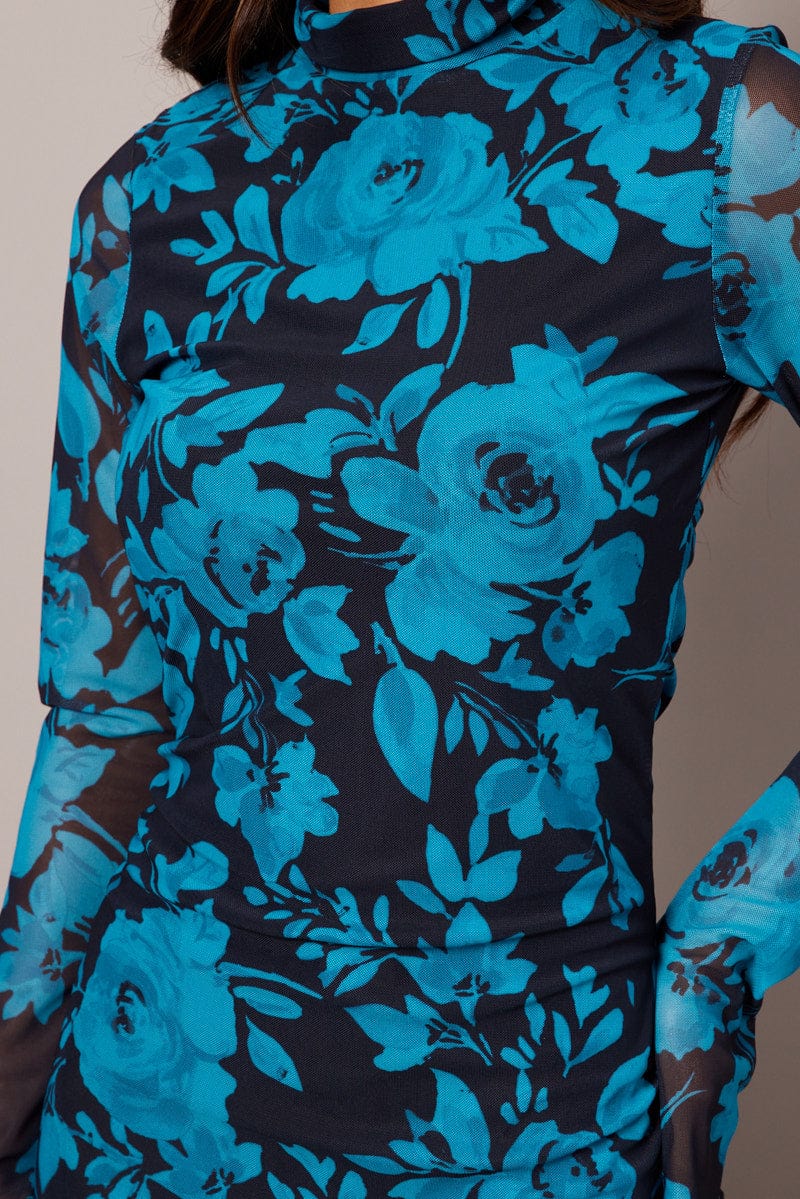 Blue Abstract Bodycon Dress High Neck Mini Long Sleeve - Image 6