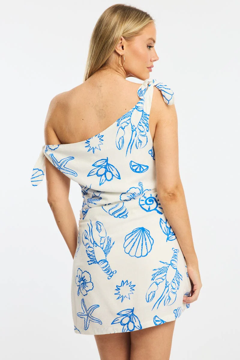 Blue Abstract Bodycon Dress Tie Up Shoulder - Image 4