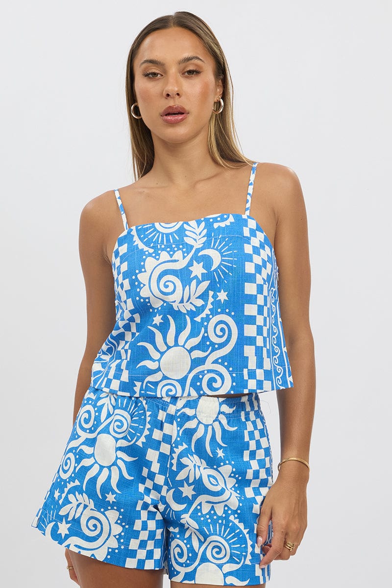 Blue Abstract Cami Top Square Neck Linen Blend - Image 2