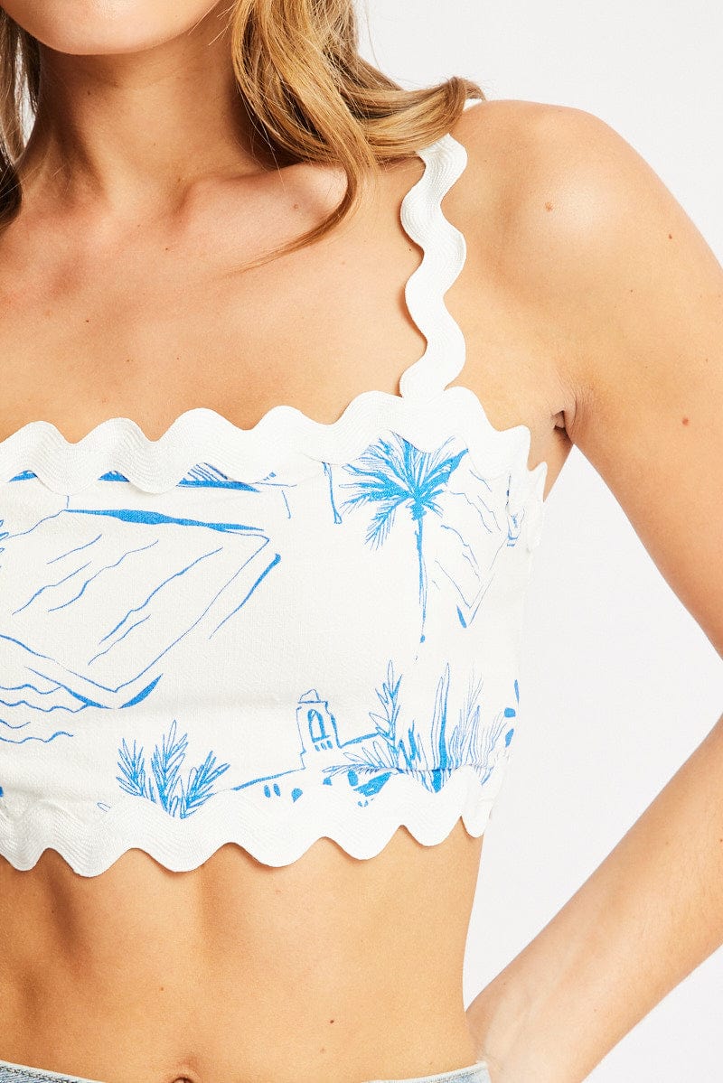 Blue Abstract Crop Top Tie Back Linen Blend - Image 6