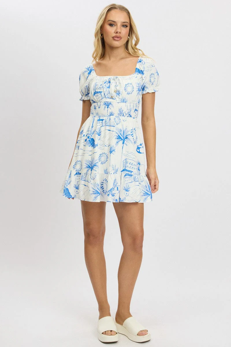 Blue Abstract Fit And Flare Dress Mini - Image 3