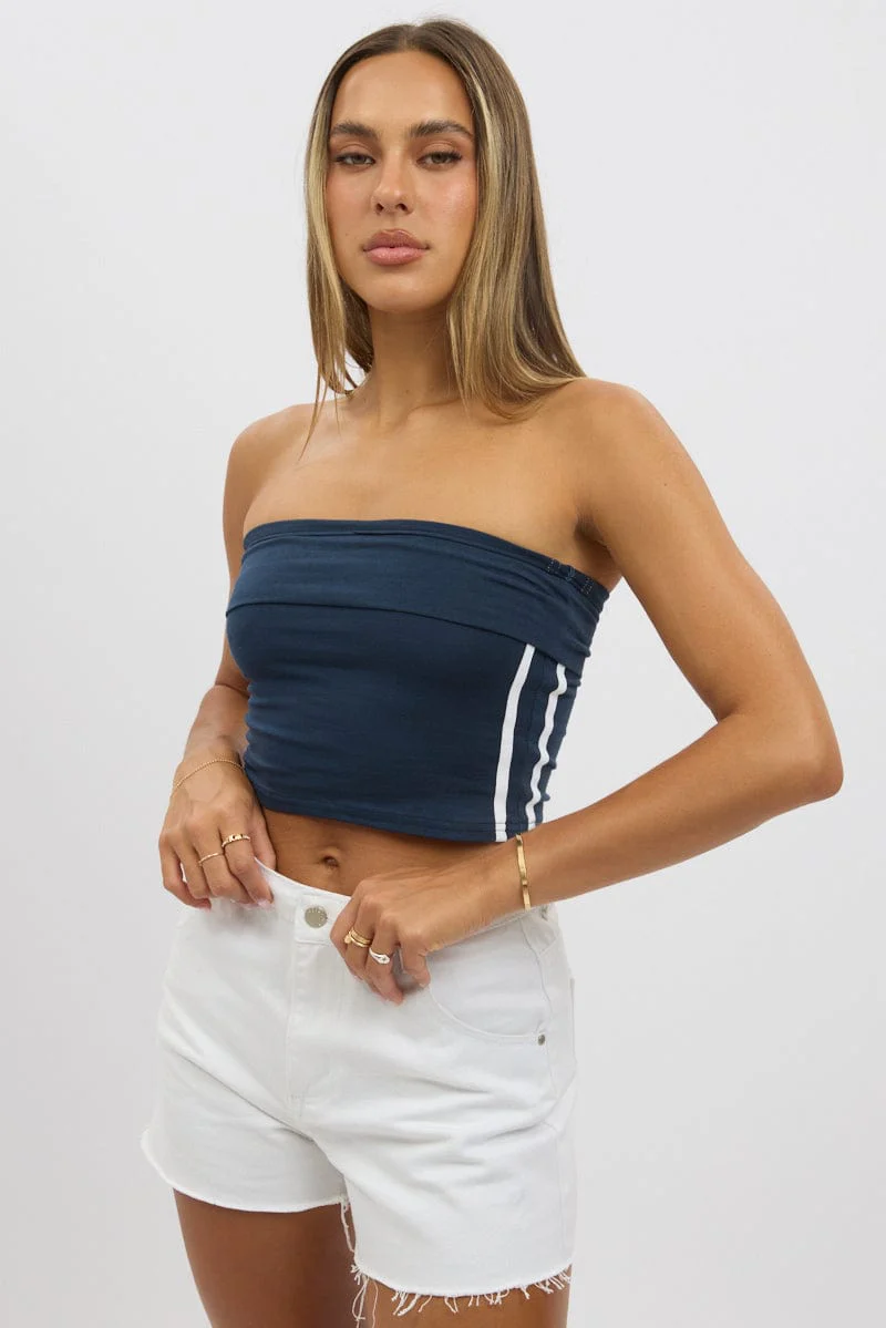 Blue Bandeau Top Side Stripe Fold Over - Image 3