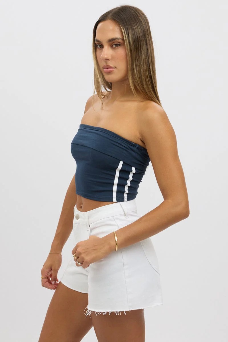 Blue Bandeau Top Side Stripe Fold Over - Image 4