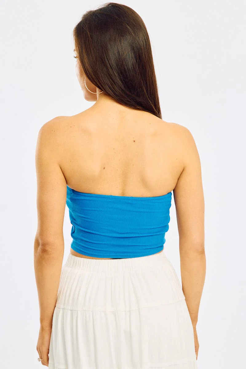Blue Bandeau Top Sleeveless Strapless Rib - Image 4