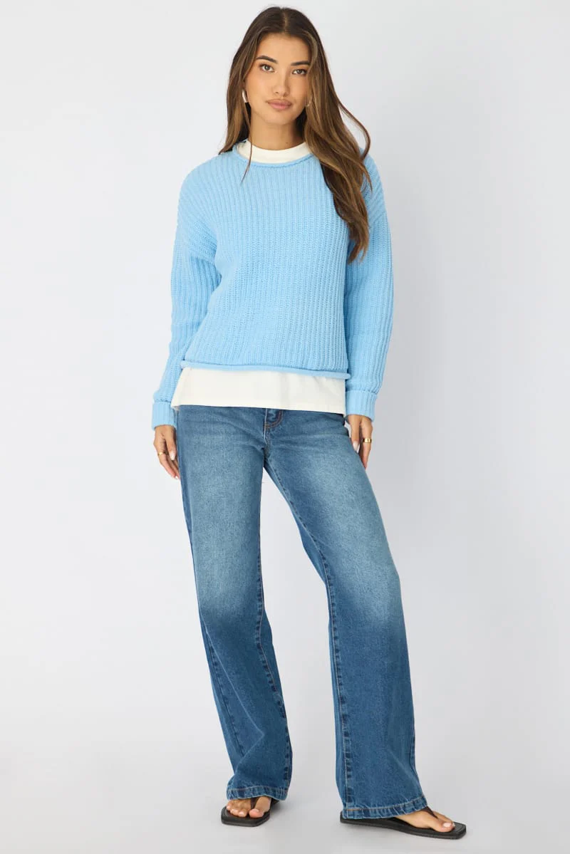 Blue Basic Knit Long Sleeve Boat Neck - Image 3