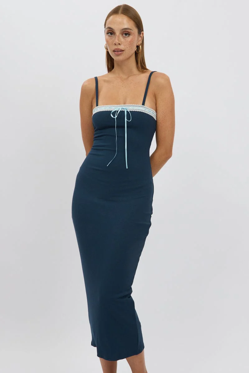 Blue Bodycon Dress Maxi Ribbon Trim - Image 3