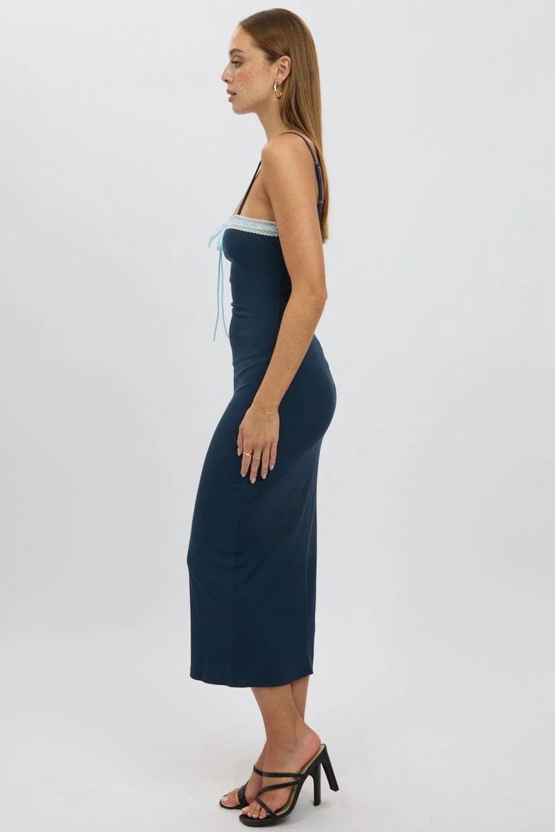 Blue Bodycon Dress Maxi Ribbon Trim - Image 4
