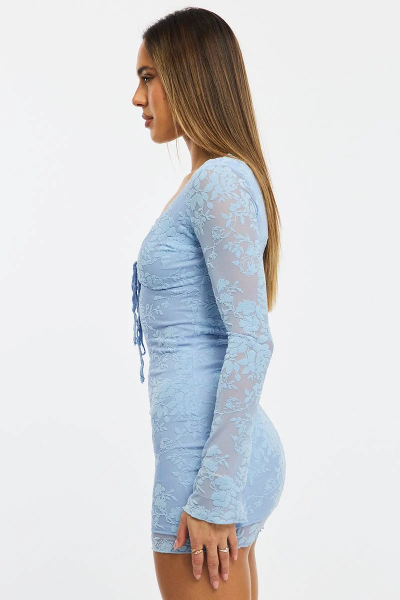 Blue Bodycon Dress Mini Long Sleeve Burnout - Image 3