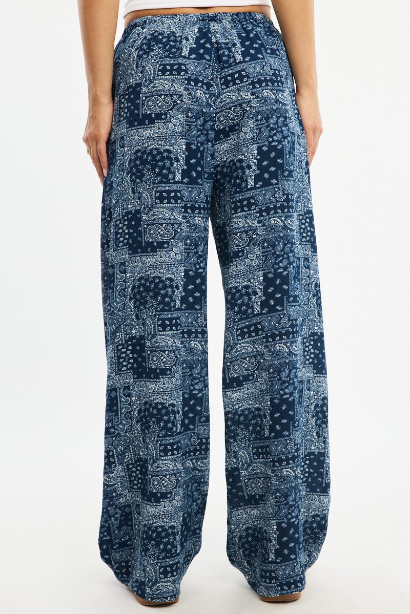 Blue Boho Wide Leg Pants Elasticated Waist - Image 4