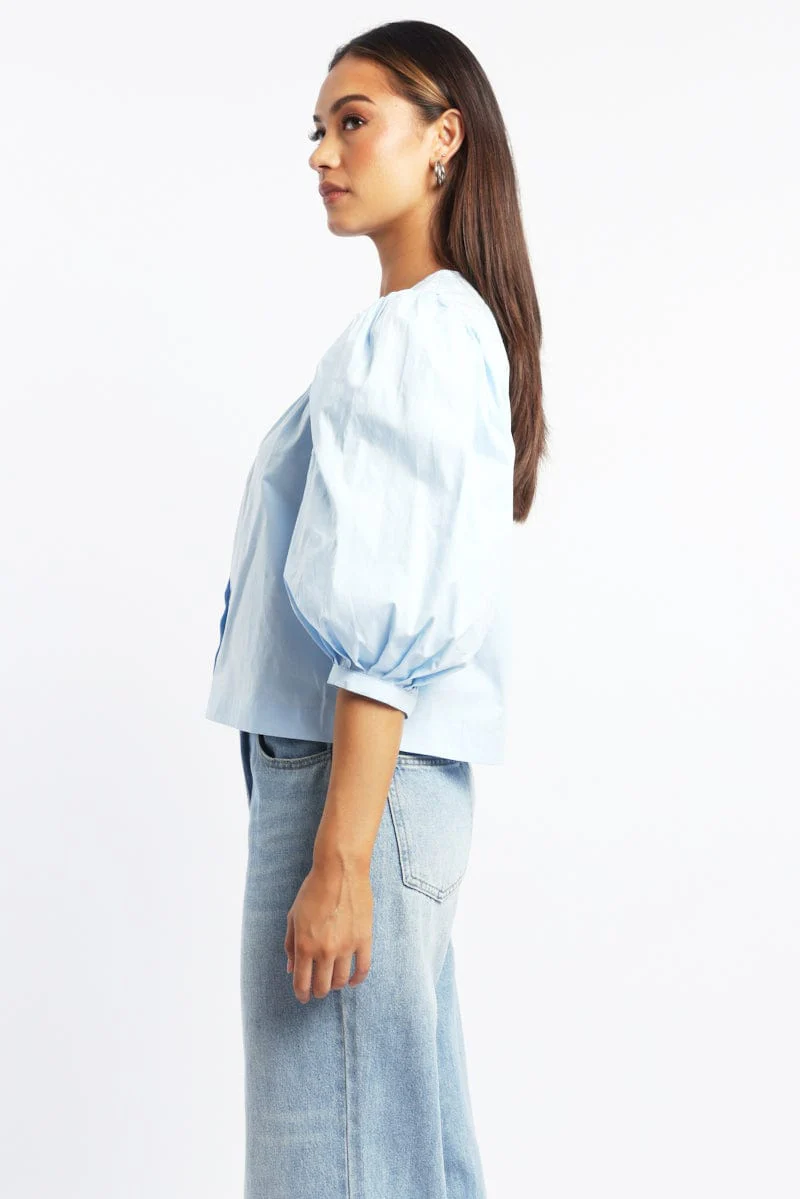 Blue Button Up Blouse Mid Sleeve Round Neck Lace Detail - Image 3