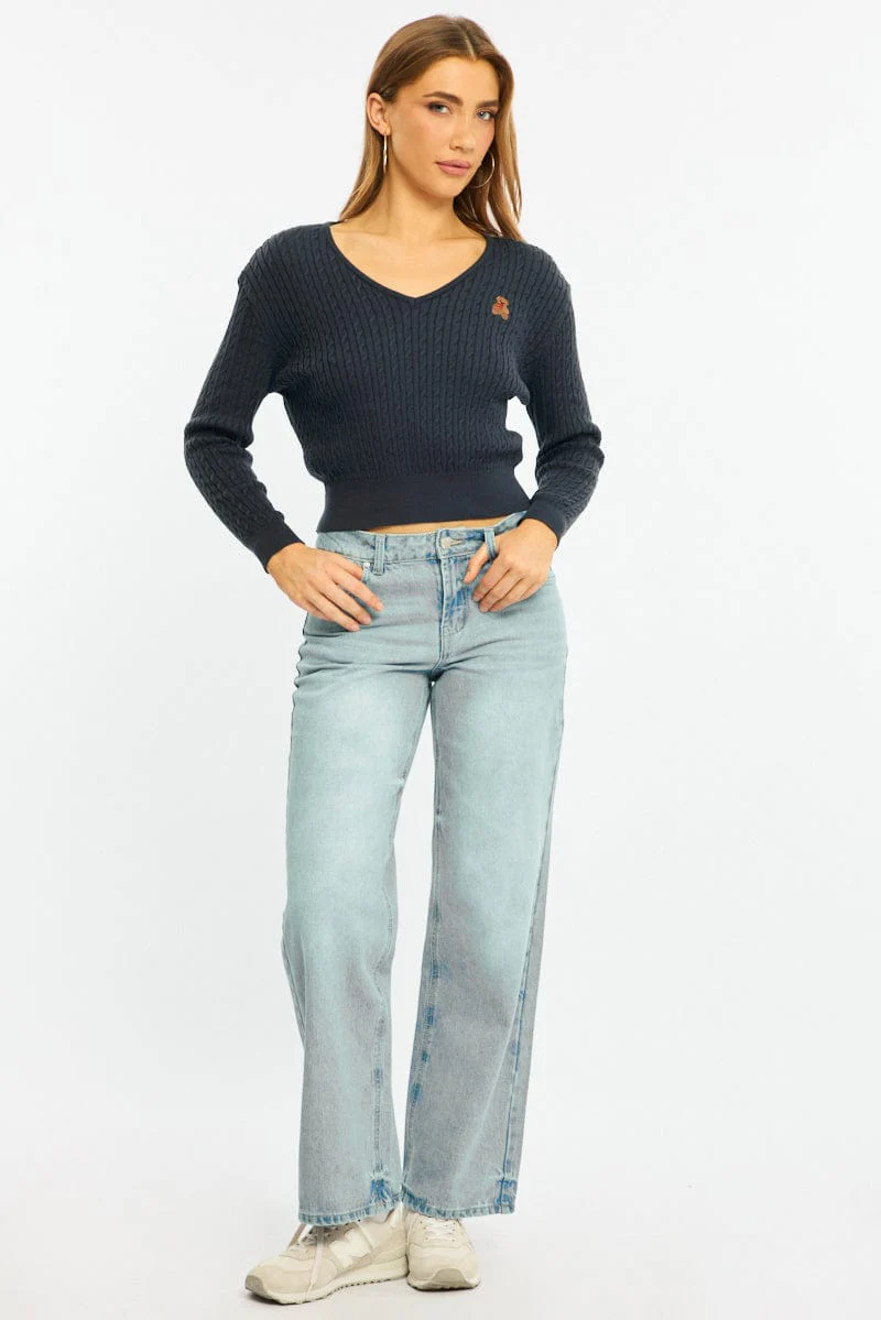 Blue Cable Knit Sweater Top Teddy Bear Embroidery - Image 2