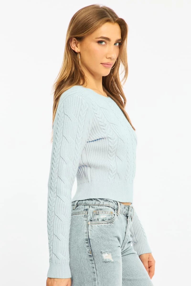 Blue Cable Knit Top Long Sleeve Crew Neck - Image 4