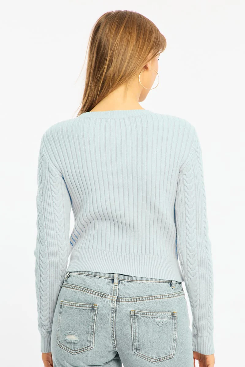 Blue Cable Knit Top Long Sleeve Crew Neck - Image 5