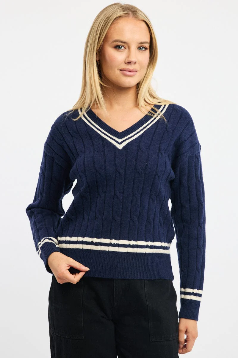 Blue Cable Knit Top Long Sleeve V-neck - Image 2