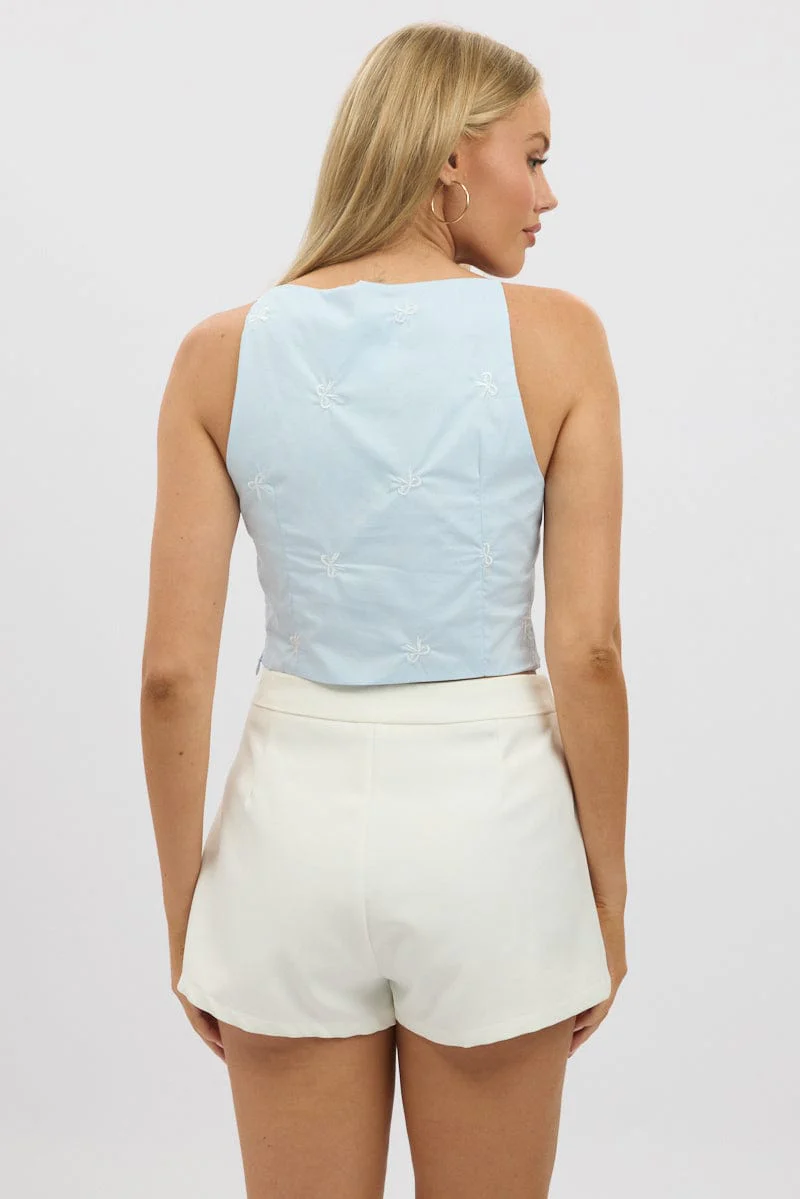 Blue Cami Sleeveless Boat Neck Bow Embroidered - Image 5