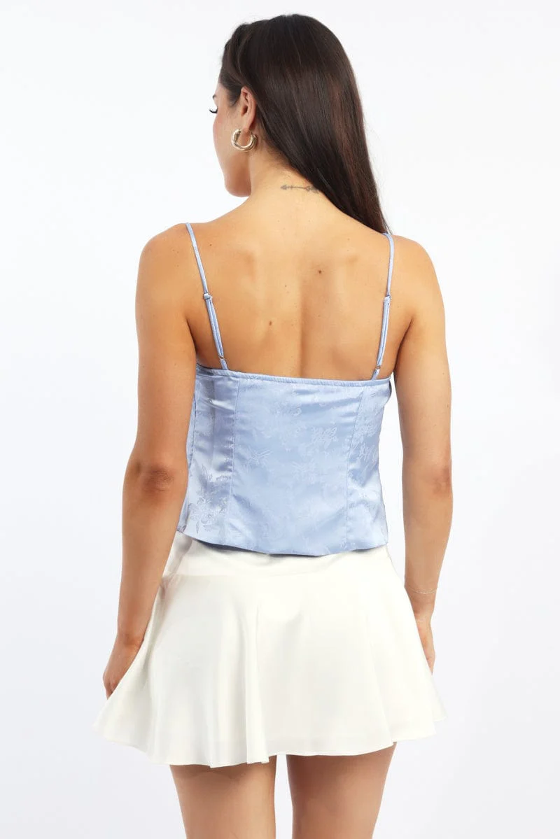 Blue Cami Top Sleeveless Tie Front Satin Jacquard - Image 4