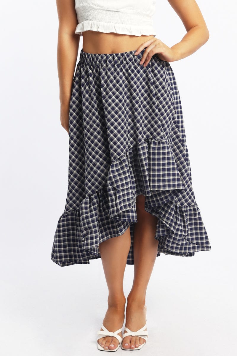 Blue Check Asymmetric Midi Skirt High Rise Elastic Waist - Image 2