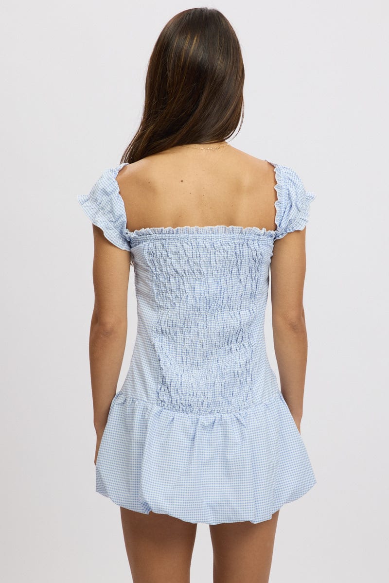 Blue Check Bubble Dress Off The Shoulder - Image 5