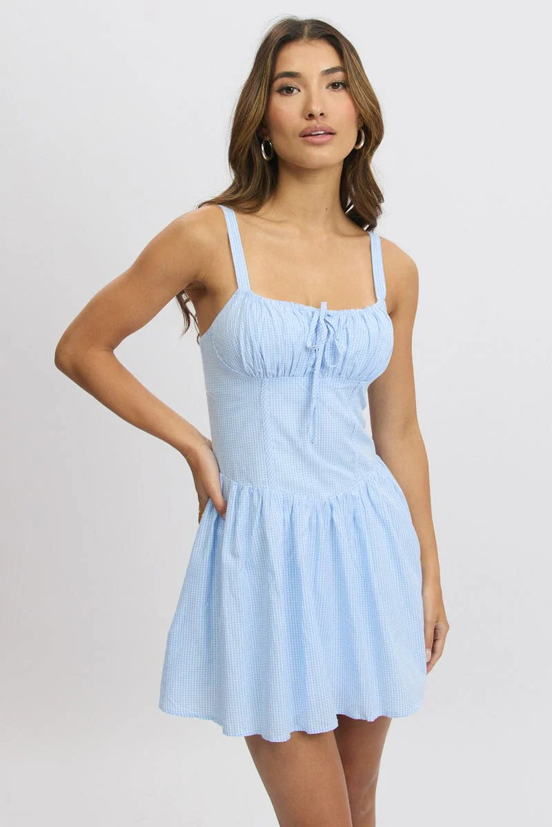Blue Check Fit And Flare Dress Drop Waist Mini