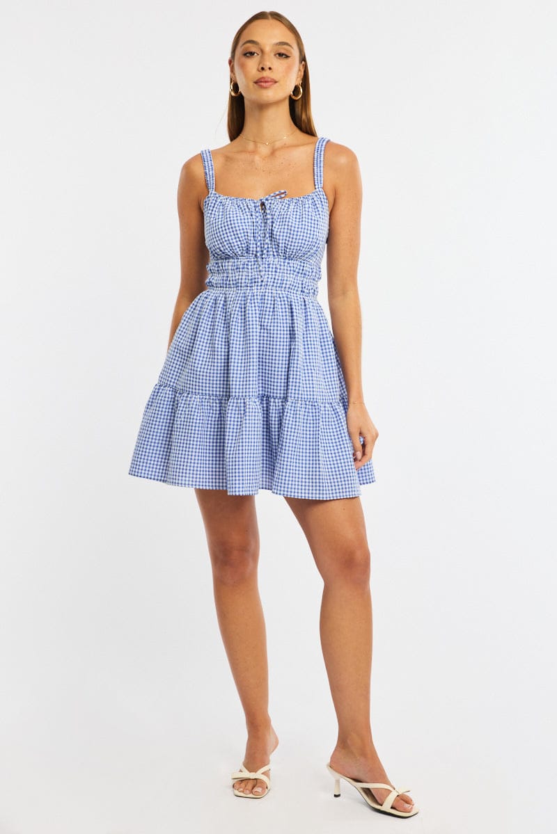 Blue Check Fit And Flare Dress Mini - Image 2