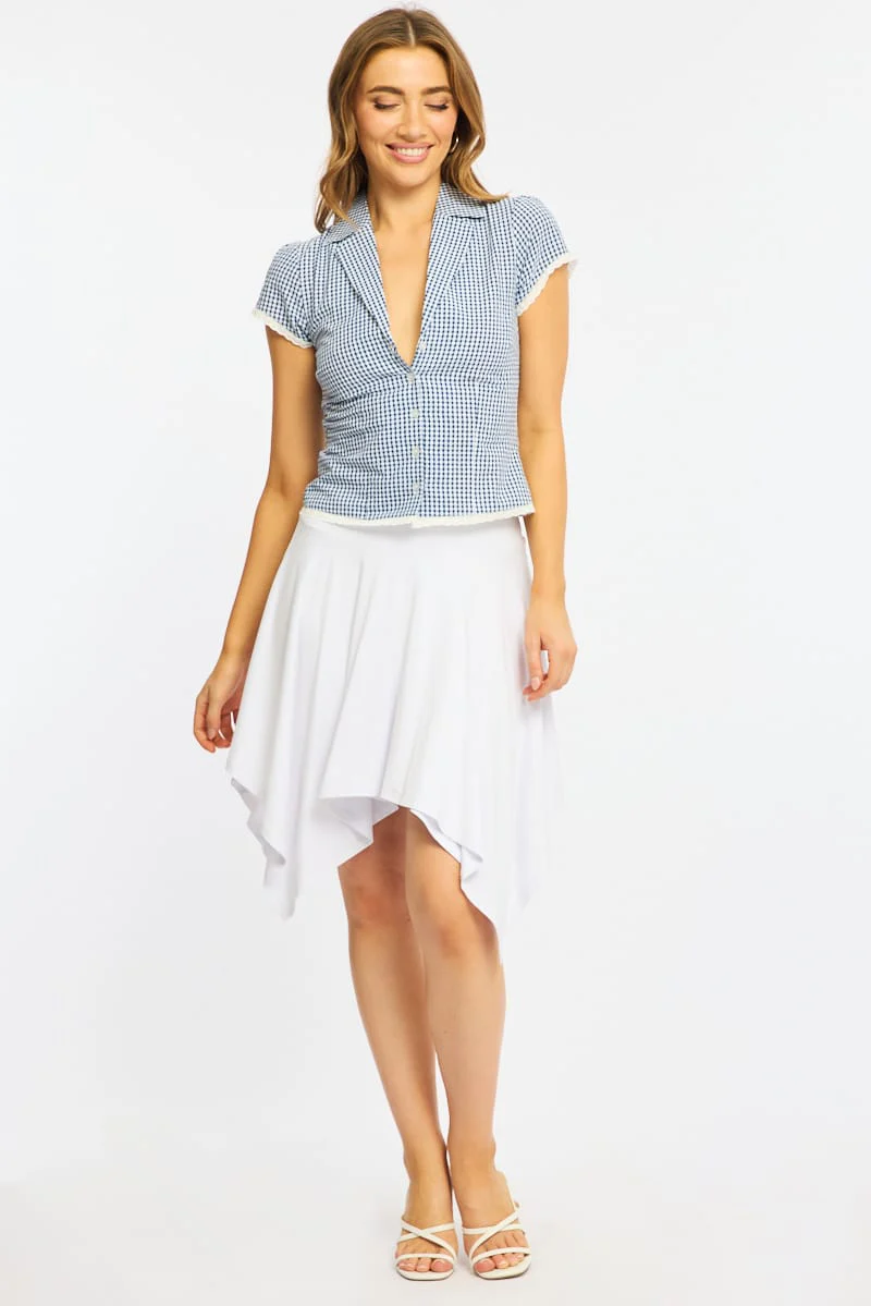 Blue Check Lace Trim Shirt Cap Sleeve Collared Textured - Image 3