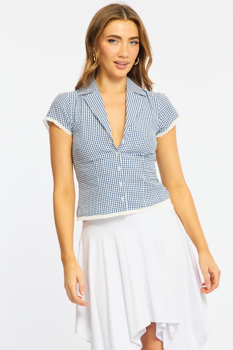 Blue Check Lace Trim Shirt Cap Sleeve Collared Textured - Image 4