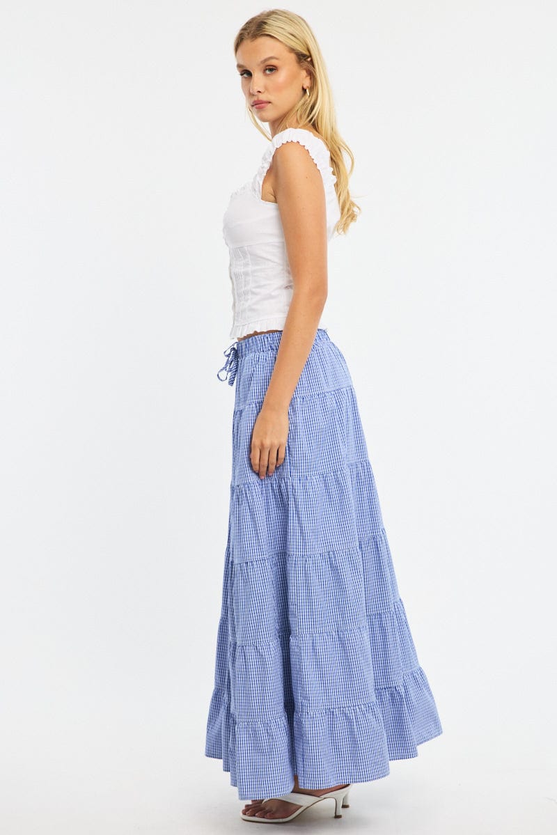 Blue Check Maxi Skirt Tiered High Rise Linen Blend - Image 4