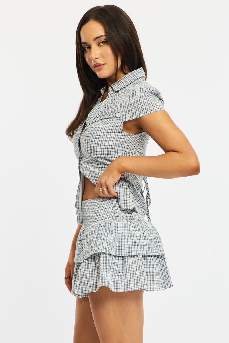 Blue Check Mini Skort Mid Rise Layered Shorts Lined - Image 4