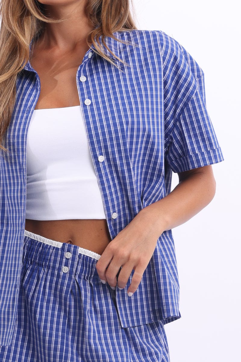 Blue Check Short Sleeve Shirt Button Up - Image 5