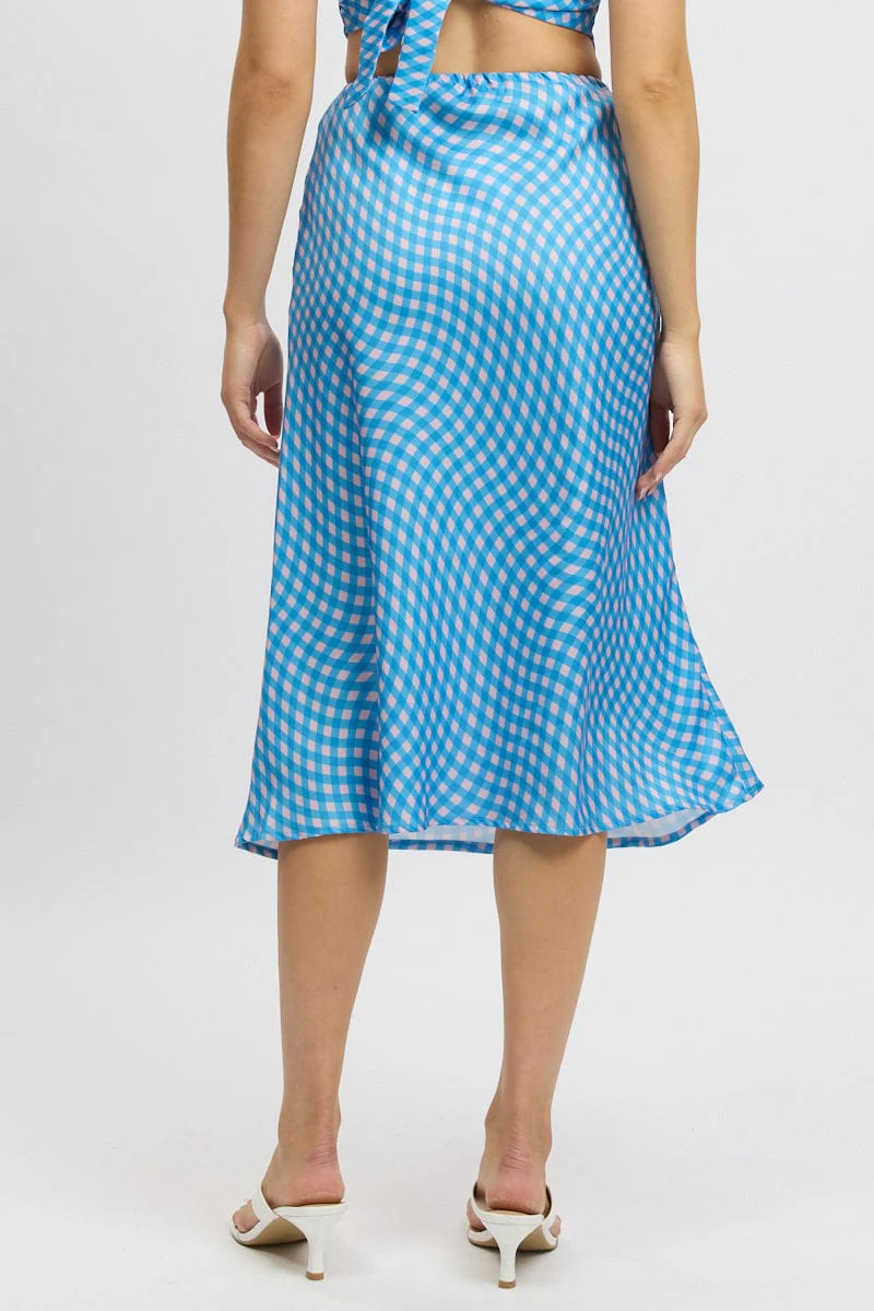 Blue Check Slip Skirt High Rise Elasticated Waistband Midaxi - Image 5